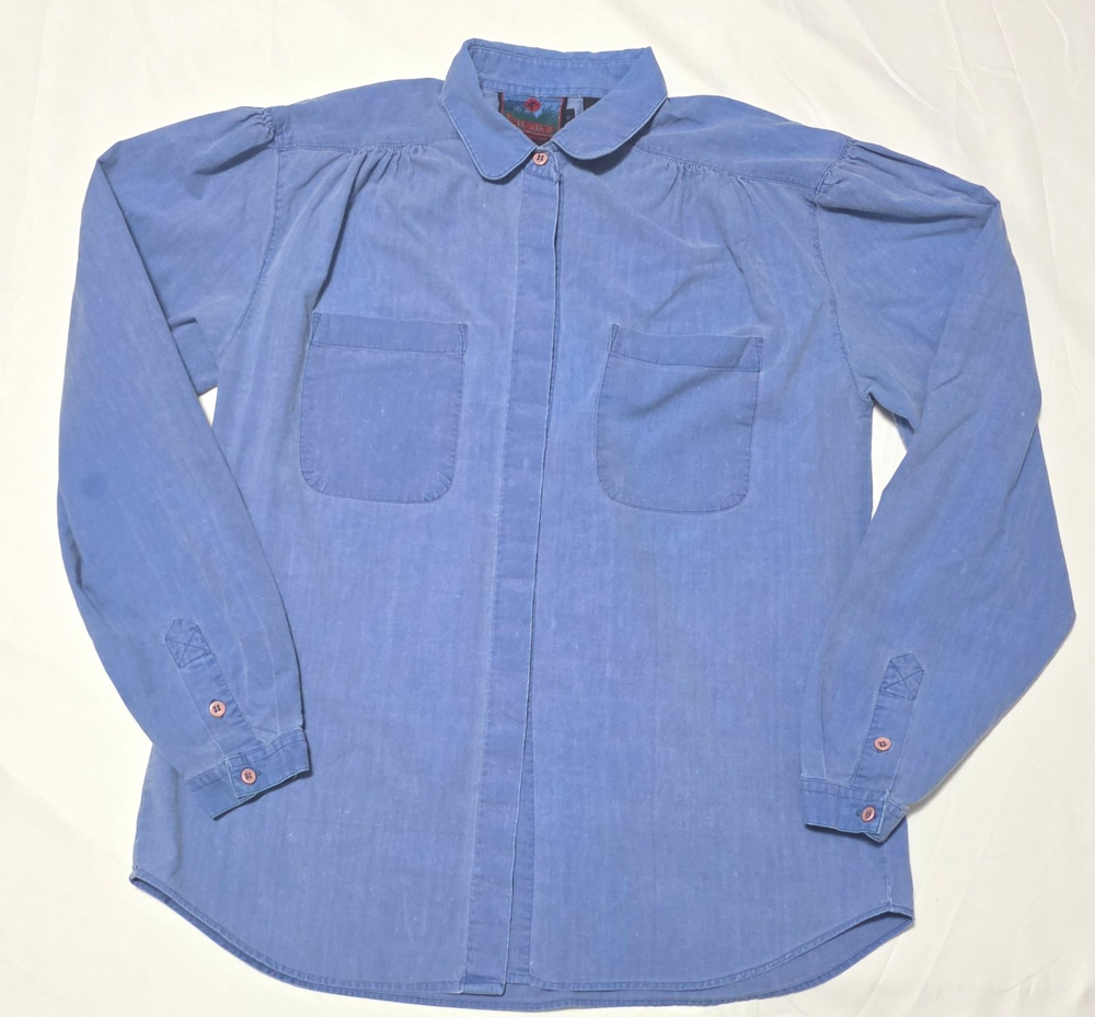 Vintage Terramar Grass Roots Blue Cotton Button Up Shirt Blouse Puffy Sleeve M